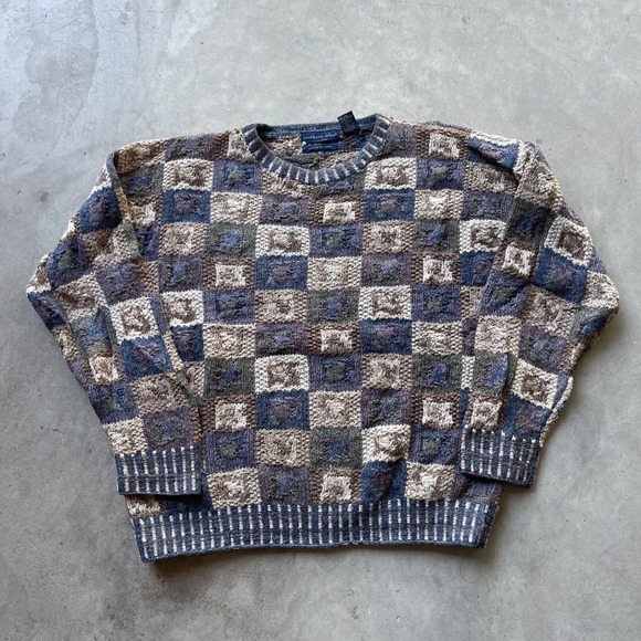 Northern Isles Sweaters - Northern Isles Vintage Hand Knitted Patchwork Sweater Blue Brown Tan Womens M